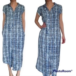 Replay Long Viscose Blue Button Down Collared Plaid Maxi Shirt Dress Size S
